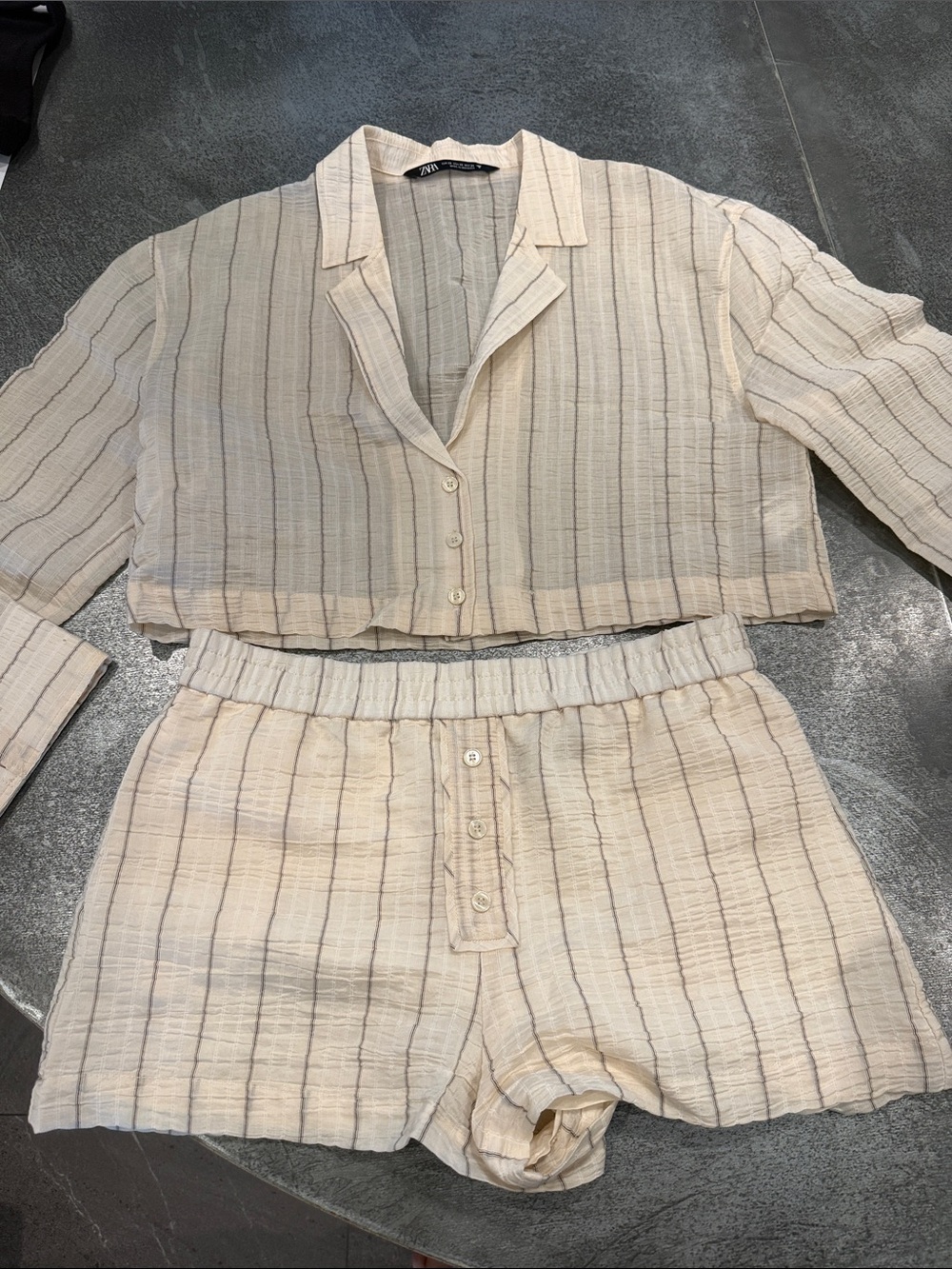 Zara Beige Striped Cotton Two-Piece Lounge Set